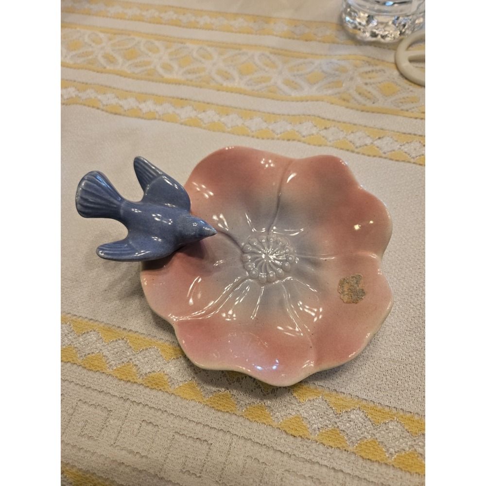 VINTAGE ROYAL COPLEY BLUE BIRD ON‎ PINK LOTUS FLOWER TRINKET SOAP DISH